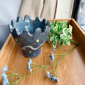 Vintage Sea Blue Salt Glazed Scalloped Bowl Vase